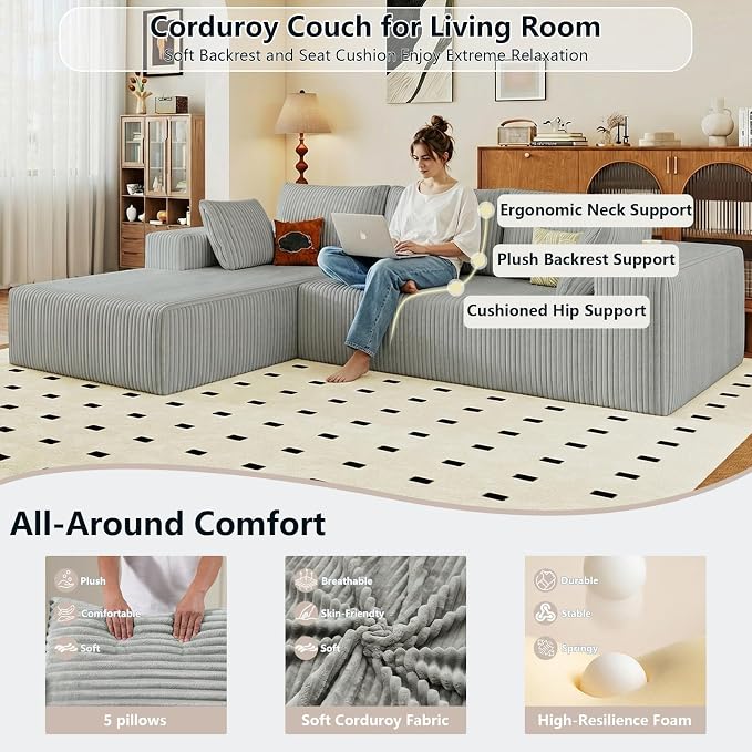 95" Cloud Sectional Couch with L-Shape Chaise, Modular Comfy Sofa Chaise Longue - Image 4