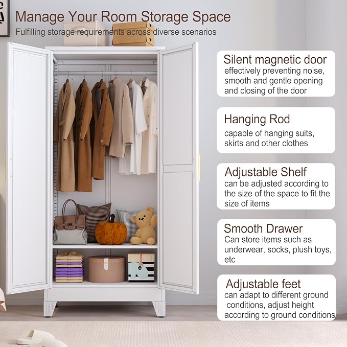 71" Metal Armoire Wardrobe Closet, Steel Clothing Storage Cabinet - Image 3