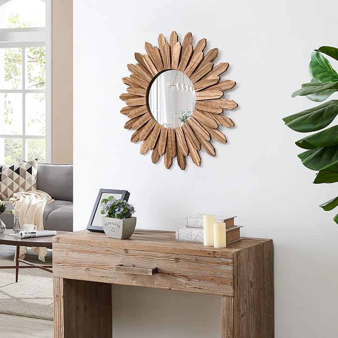 Honiway Mirror Wall Decor 21 inch Rustic Wood Boho Aesthetic Mirror - Image 4