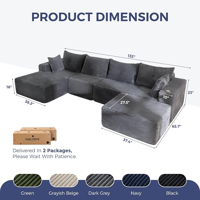 MAXYOYO 132" Giant U-Shaped Modular Sectional Couch, Modern Boneless Couch - Image 2