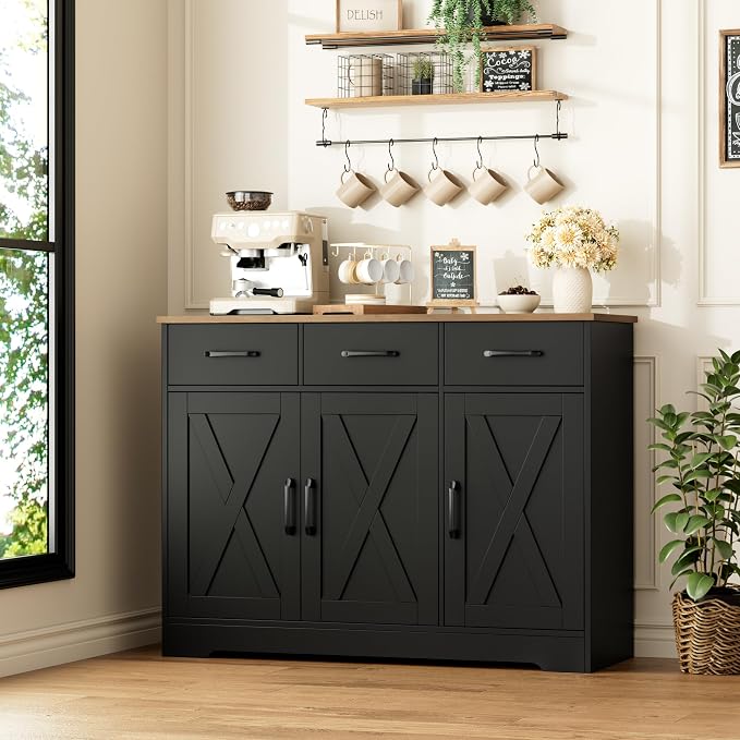 HOSTACK Modern Farmhouse Buffet Sideboard Cabinet, Barn Doors Storage Cabinet - Image 2