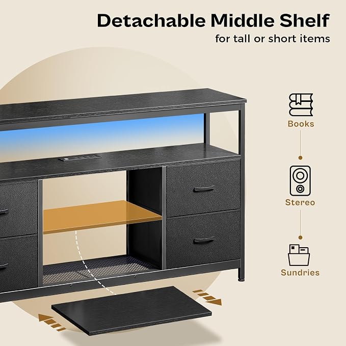 Huuger TV Stand Dresser with Power Outlets and LED Lights, 4 Drawers - Image 4