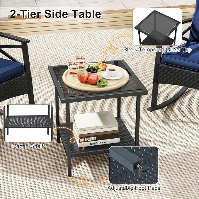 Tangkula 3 Pieces Outdoor Rocking Chairs Set, Rattan Heavy Duty Cushioned - Image 8