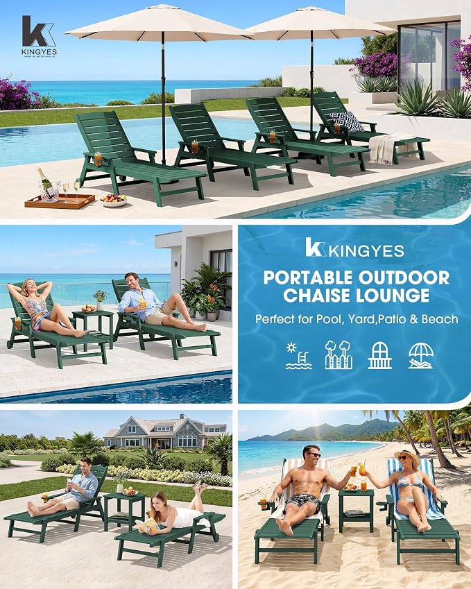 KINGYES HDPE Lounge Chair Outdoor Set of 4, Patio Chaise Lounge Recliner - Image 9