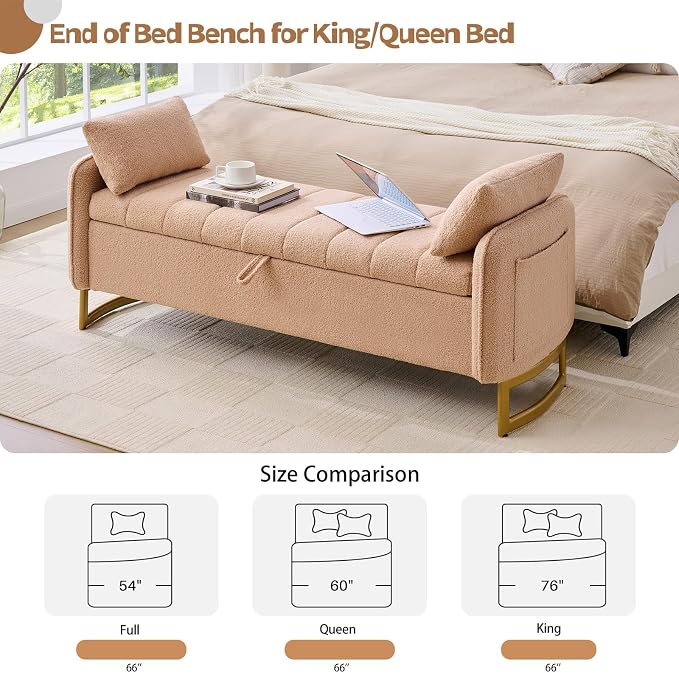 66'' King Size Storage Bench for Bedroom, Teddy Boucle End of Bed Benches for - Image 5