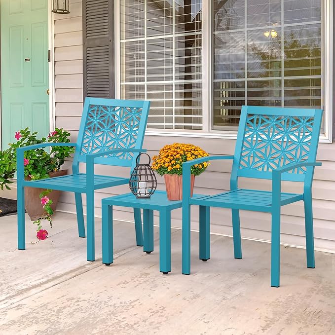 VINGLI 3-Piece Outdoor Bistro Set, Stackable Modern Metal Steel Table and Chairs - Image 8