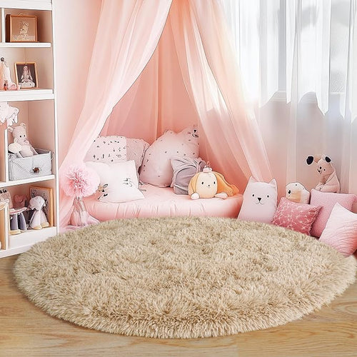 4'x4' Beige Round Rug for Bedroom, Ultra Soft Fluffy Circle Rug for Kids Girls - Image 2