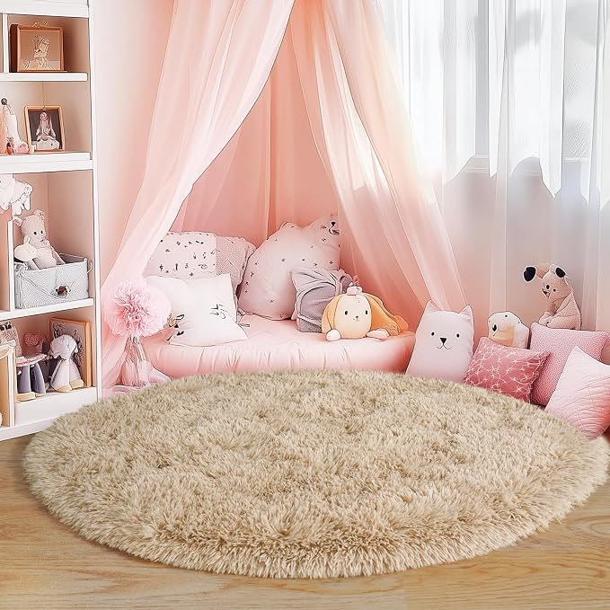 6‘x6’ Beige Round Rug for Bedroom, Ultra Soft Fluffy Circle Rug for Kids Girls - Image 2