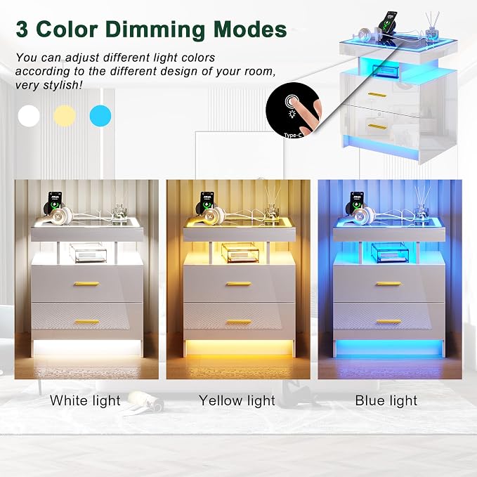 HNEBC LED Nightstand with Charging Station High Gloss Bedside Table with 2 - Image 6
