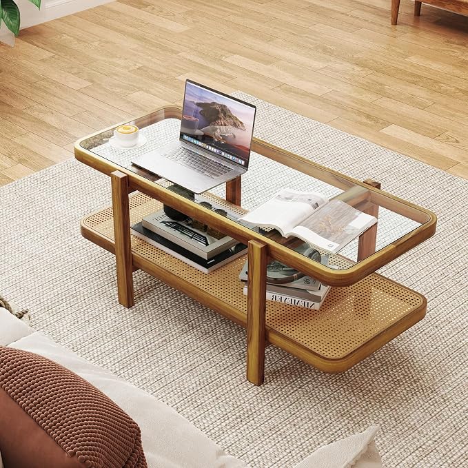Giantex Rattan Coffee Table, 47.5" Rectangle Solid Wood Tea Table w/Tempered - Image 7