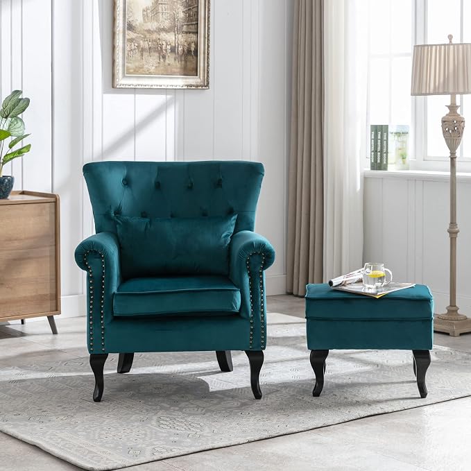 Accent Chairs with Ottoman Set of 2 Velvet Wingback Club Chair Upholstered - Image 2