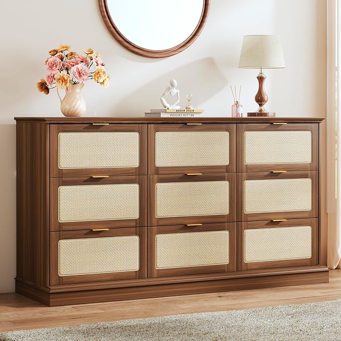 HUAHUU 9 Drawer Dresser for Bedroom, 60 Inch Long Dressers & Rattan Chest of by HUAHUU