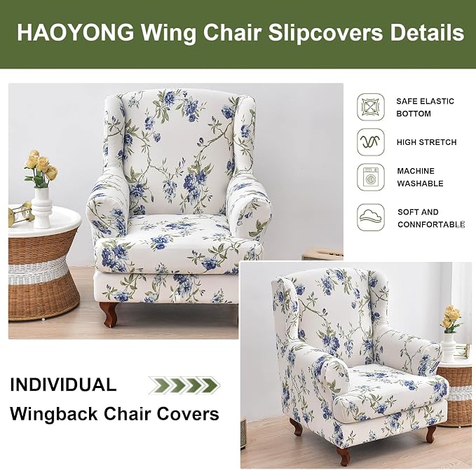 HAOYONG Wing Chair Slipcovers Elastic Printed Wingback Chair Covers 2 Pieces - Image 4