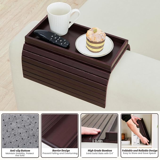 GEHE Bamboo Sofa Arm Tray, Foldable Couch Arm Tray Side Table, Anti-Falling - Image 5