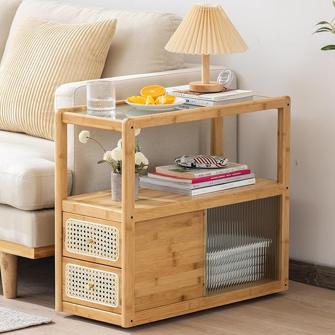 Tiita Rattan Nightstand Side Table, Bamboo Accent Bedside Tables, Glass Coffee by TiitaHome