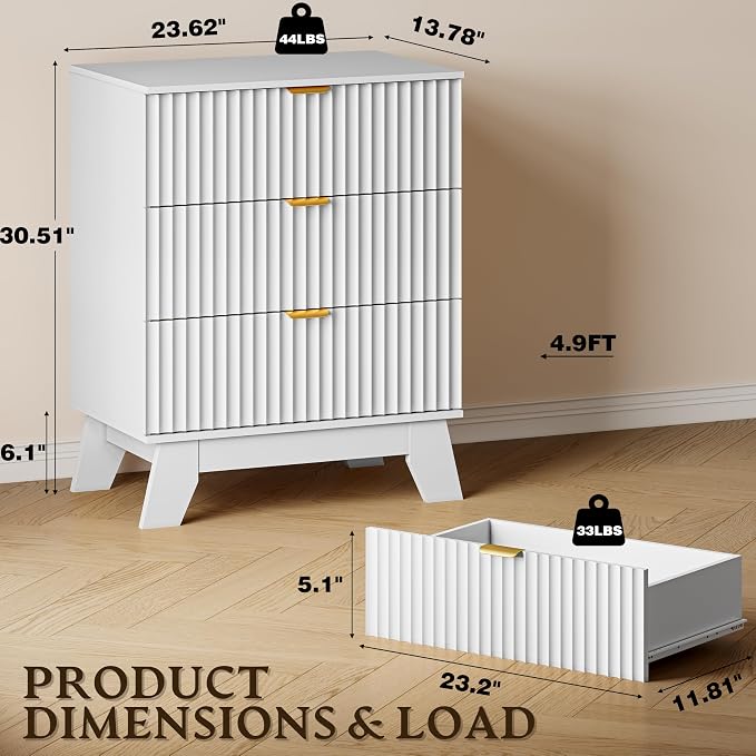 BORNOON Fluted 3 Drawer Dresser, 30.3" Tall Compact Modern Boho Chest of Drawers - Image 2