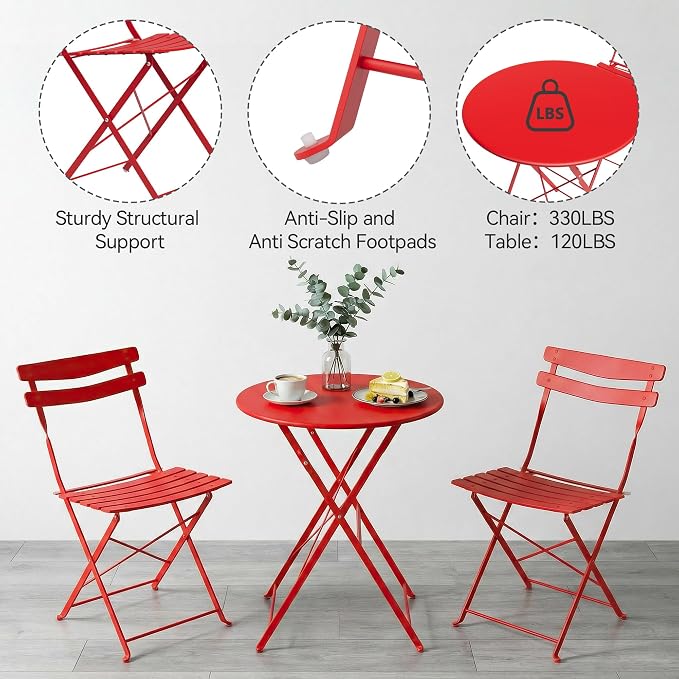 GarveeLife 3 Piece Patio Bistro Set, Folding Patio Bistro Table and Chairs Set - Image 6