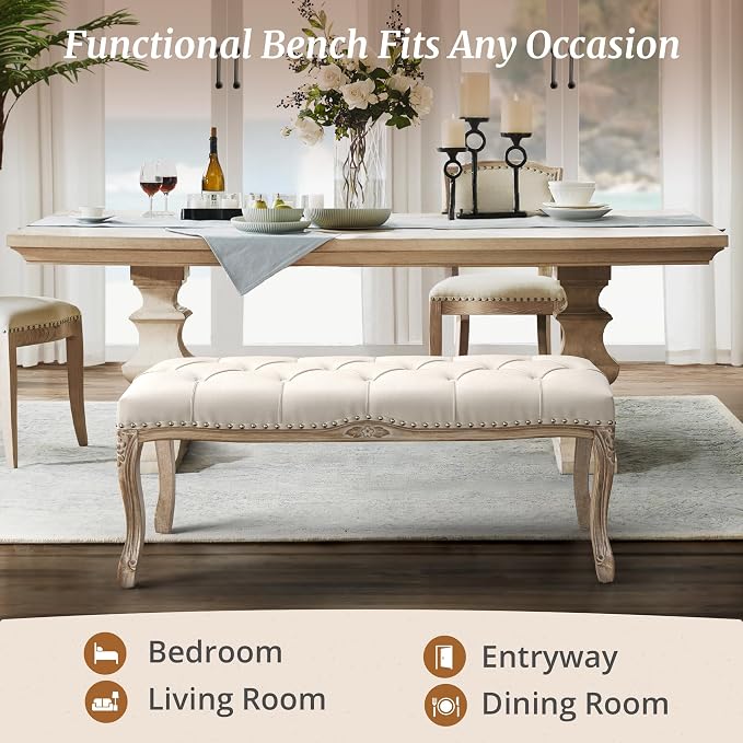 Cozyman Bedroom Bench, French Vintage Tufted Entryway Bench, 45.2" Carving - Image 6