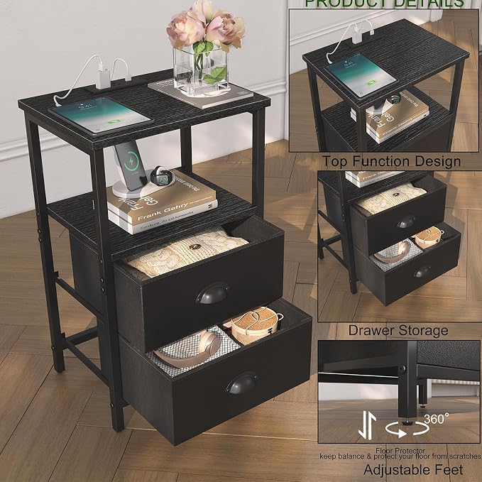 sthmec Nightstand with Charging Station, Night Stand with 2 Fabric Drawers PU - Image 6