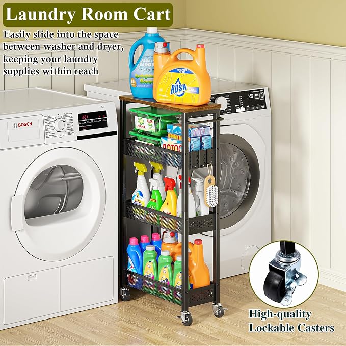 OKZEST Utility Slim Storage Cart, 4 Tier Small Rolling Kitchen Laundry Room Cart - Image 4