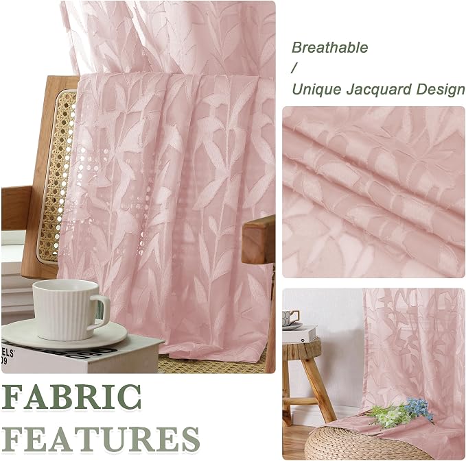 Lecloud Leia 54 Inch Living Room Blush Sheer Curtains 2 Panels, Lightweight - Image 7