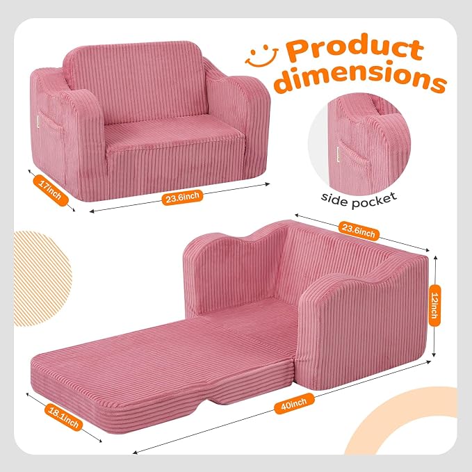 MeMoreCool Corduroy Pink Kids Chair, 2-in-1 Kids Couch Fold Out to Lounger - Image 3