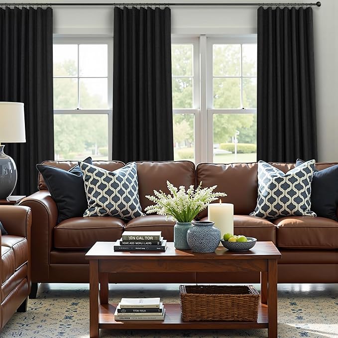 Black Curtains 84 Inches Long for Bedroom 2 Panel Set Linen Textured Total - Image 2