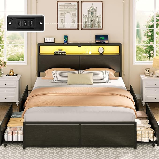 Rolanstar Queen Bed Frame with 4 Storage Drawers & 2-Tier Storage Headboard - Image 8
