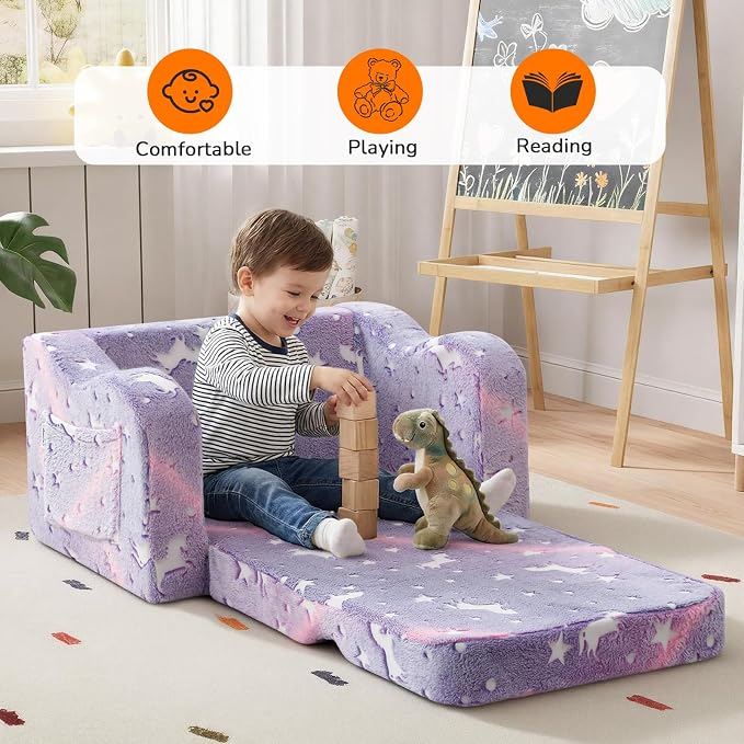 MeMoreCool Glowing Lavender Unicorn Kids Chair, 2-in-1 Convertible Kids Couch - Image 3