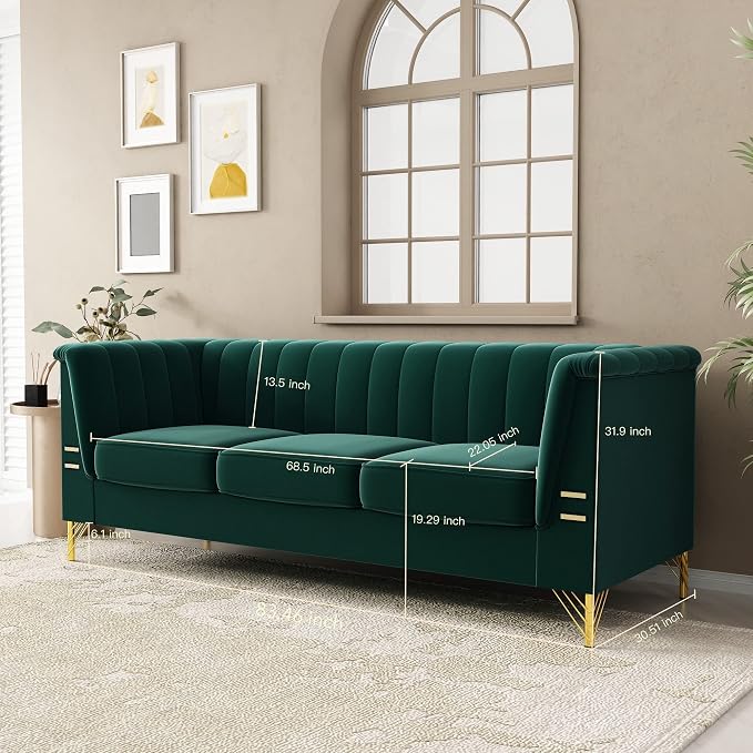 83.46" W Green Velvet Sofa Couch - Image 7