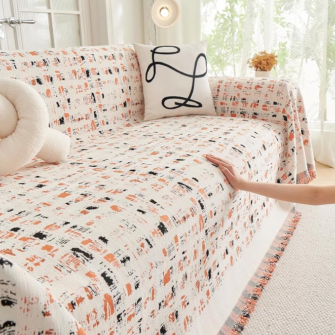 DREAMINGO Abstract Chenille Couch Cover Blanket Beige Orange Black Boho Sofa - Image 3