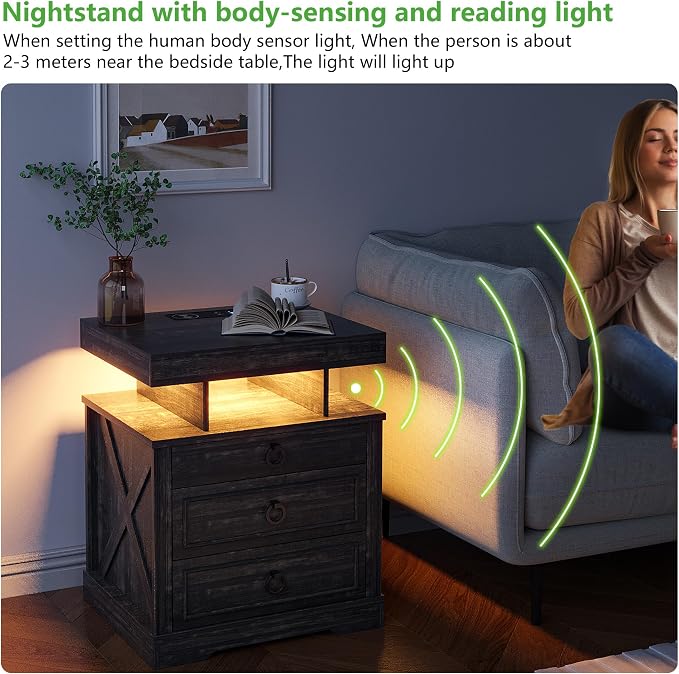 HNEBC Night Stand Set 2 with Gun Drawers, Farmhouse Nightstand with Charging - Image 6
