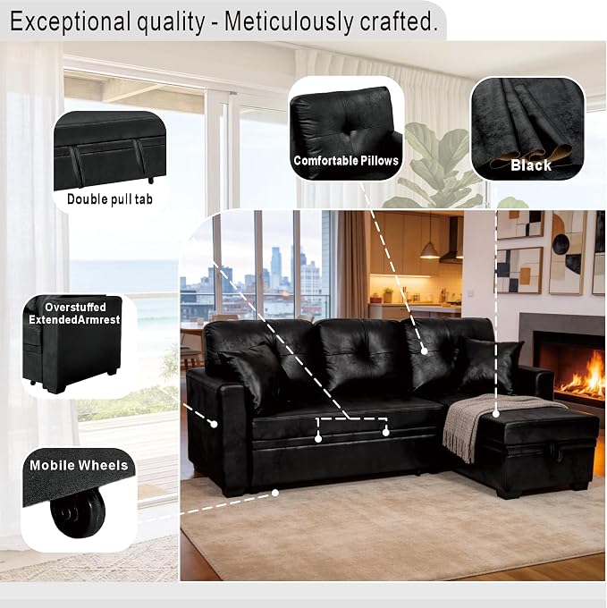Eafurn Faux Leather Tufted Convertible Sleeper Sectional Sofa Bed, 3 Seater L - Image 7