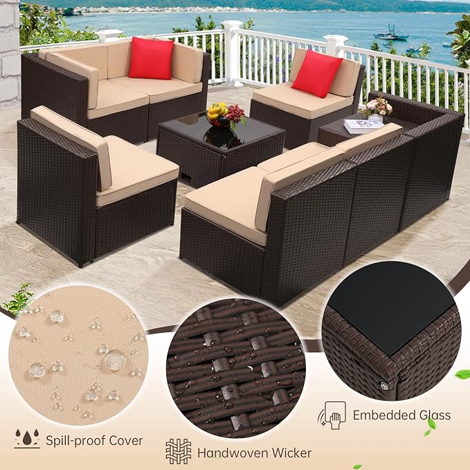 KROFEM 8-Piece Patio Furniture Set, Outdoor Wicker Rattan Sectional - Image 5