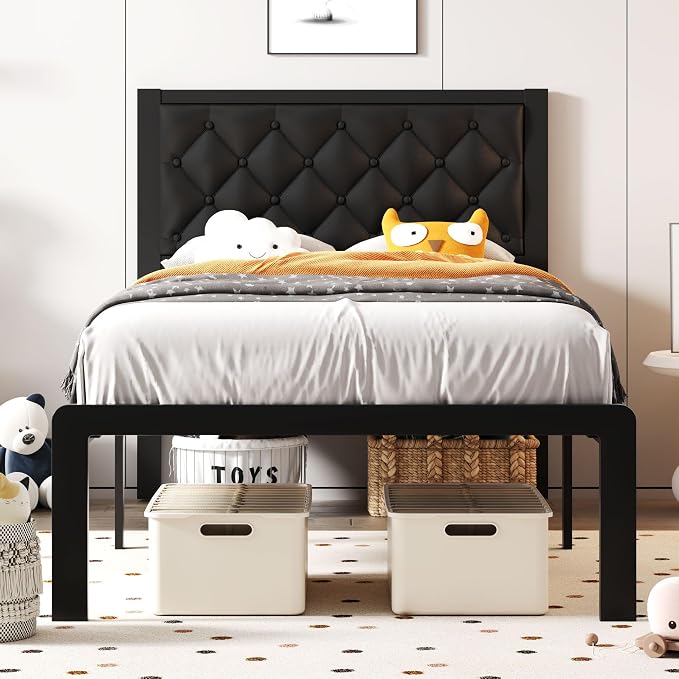 Fluest Twin Bed Frame with Headboard PU Leather Upholstered Bed Frame Platform by Fluest
