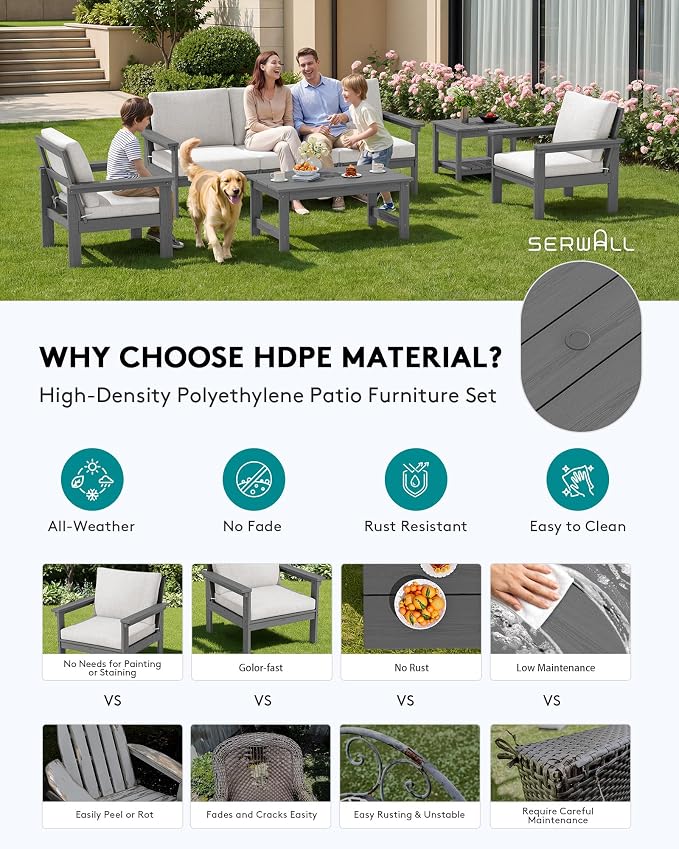 SERWALL HDPE Patio Furniture Set, 7-piece Outdoor Sectional Sofa Set, All - Image 3
