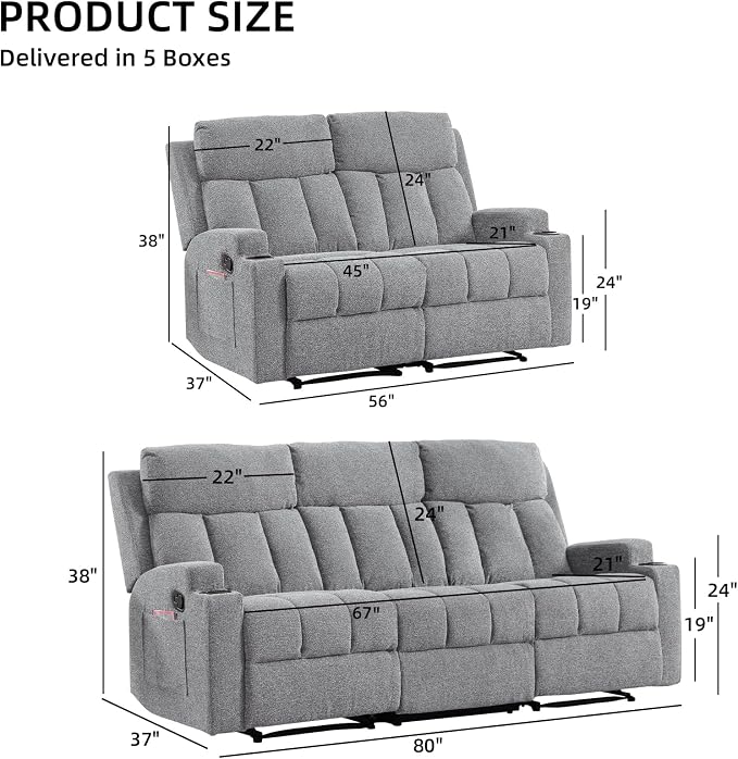 CANMOV Manual Recliner Sofa Set, Fabric Reclining Sofa Chair - Image 3