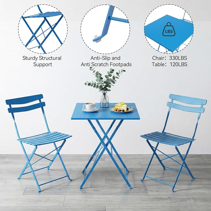 GarveeLife 3 Piece Patio Bistro Set, Folding Patio Bistro Table and Chairs Set - Image 6