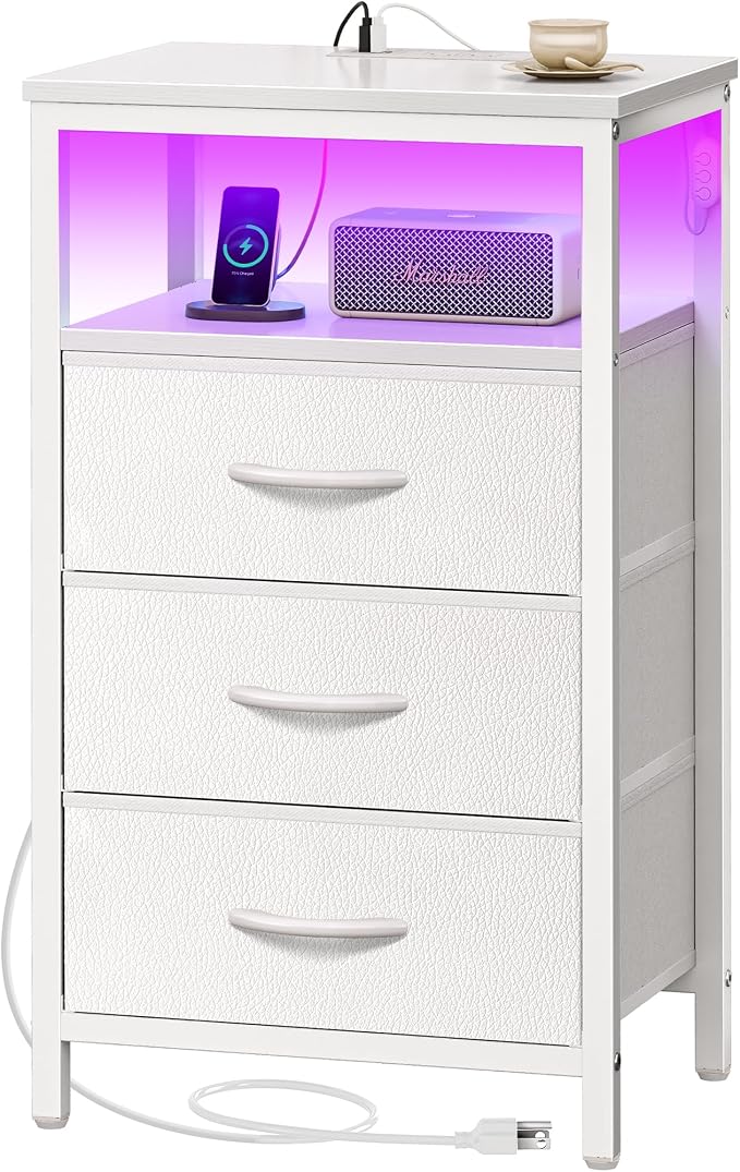 Huuger Night Stand with Charger Station and LED Lights, 3 Drawer Nightstand by Huuger