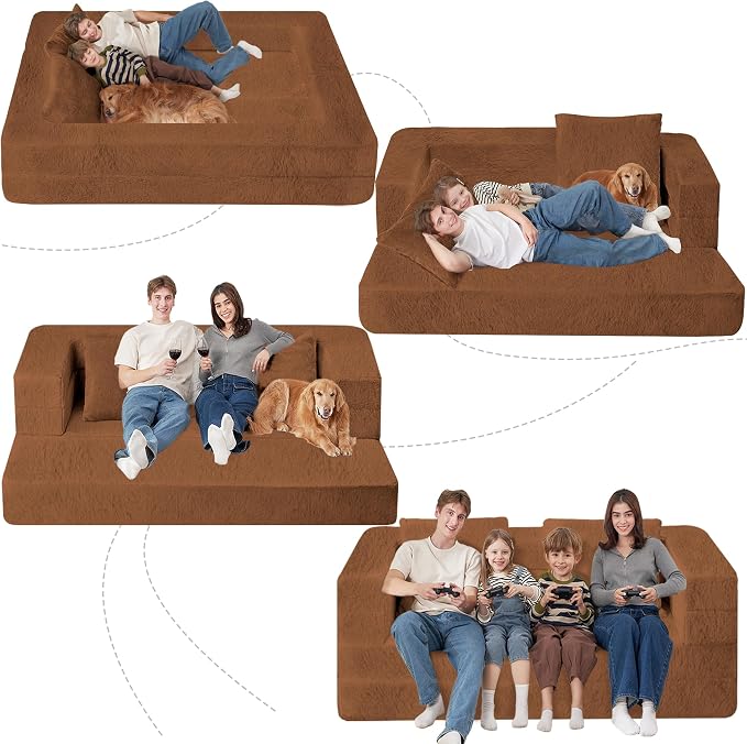 Folding Bean Bag Chair for Adults, 3-in-1 Bean Bag Couch Faux Fur Floor Sofa - Image 9
