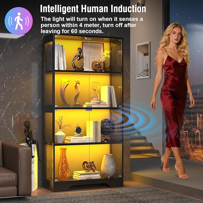 knoworld Display Cabinet with Glass Doors, 4-Tier Glass Display Case with 15mm - Image 5