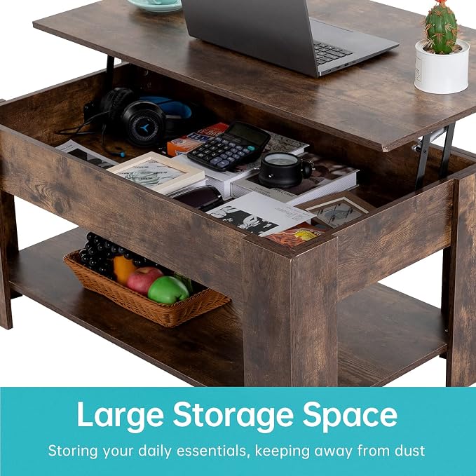 FDW Lift Top Coffee Table with Hidden Compartment and Storage Shelf Wooden Lift - Image 5