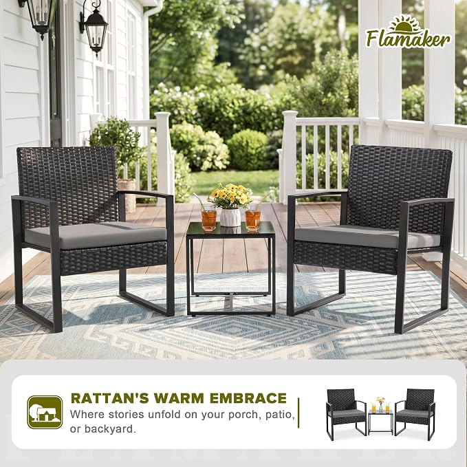 Flamaker 3 Pieces Patio Set Outdoor Wicker Furniture Modern Bistro Rattan Chair - Image 2