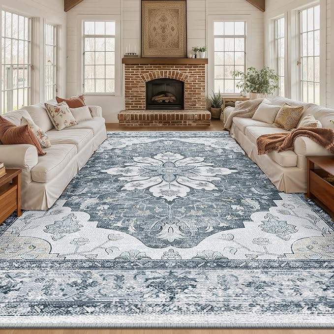 RELEANY Area Rugs 10'x14' Washable Non-Slip, Floral Vintage Distress Print by RELEANY
