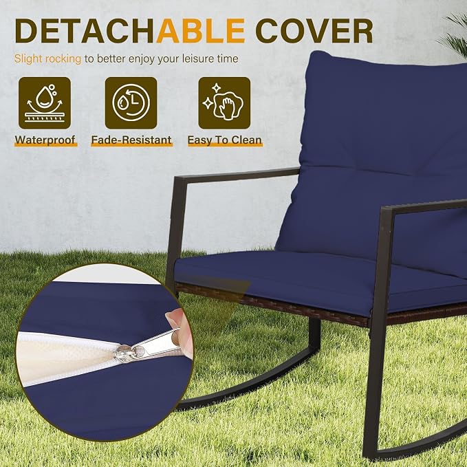 SUNCROWN 3 Piece Outdoor Rocking Bistro Set Brown Wicker Furniture Porch Chairs - Image 7