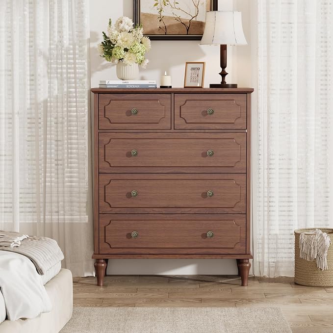 Brown Dresser for Bedroom with 5 Drawers, Vintage Tall Dresser with Smooth - Image 5