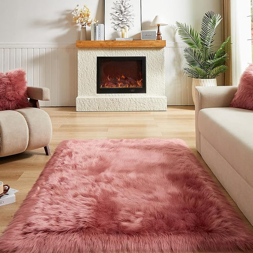 AMTOVO Faux Fur Sheepskin Rug for Living Room, 4 x 6 ft Blush Pink Fluffy Area - Image 2