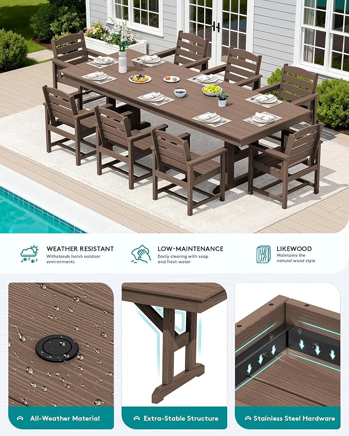 SERWALL Outdoor Dining Table, All Weather HDPE Patio Dining Table - Image 4