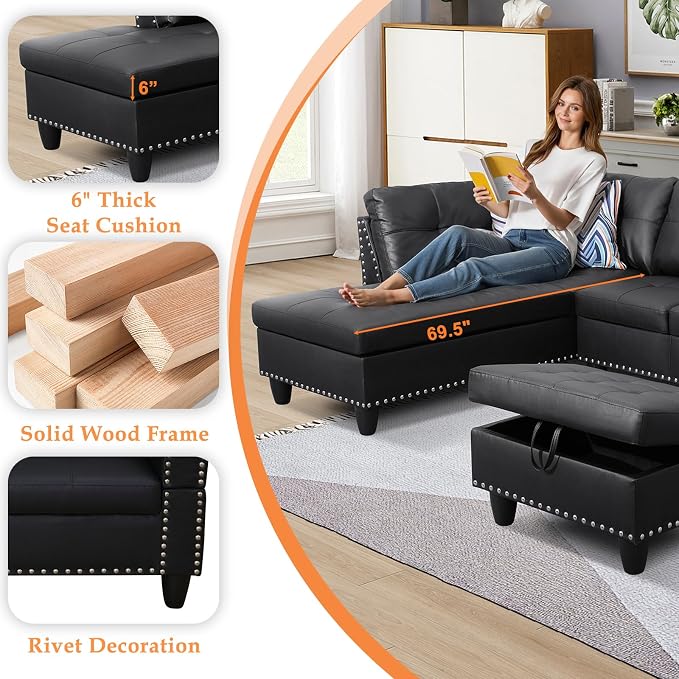 Wakefit Sectional Sofa Couch, Modern 4-Seaters Living Room Furniture Sets - Image 4