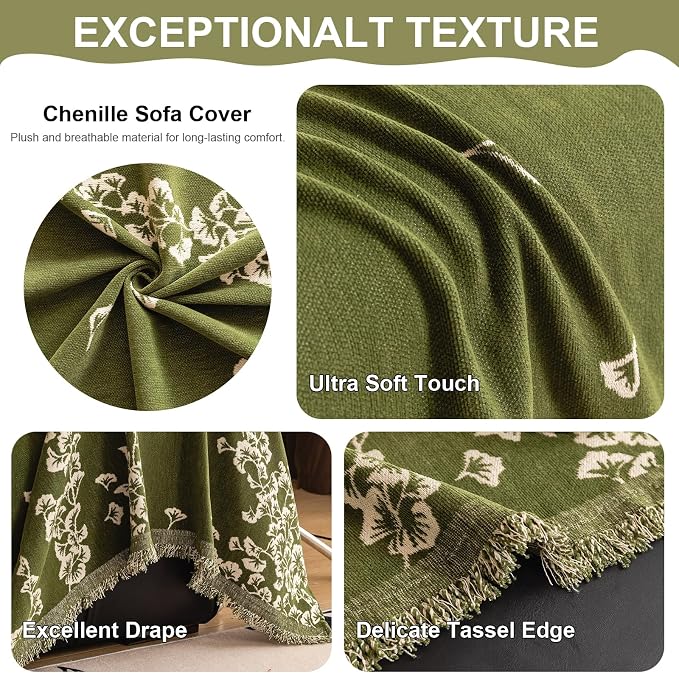 VClife Emerald Green Ginkgo Botanical Sofa Cover Non Slip Chenille Couch Cover - Image 5